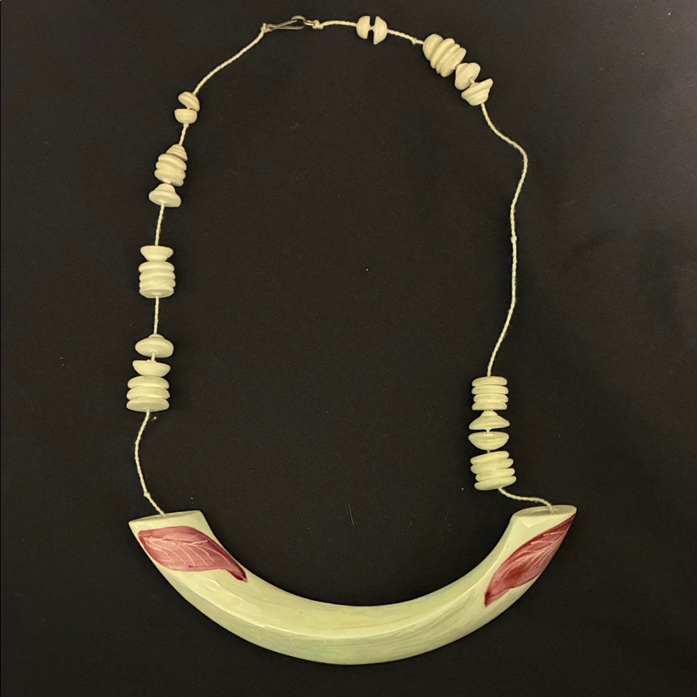 Vintage natural handmade white shell style necklace with painted leaf accents